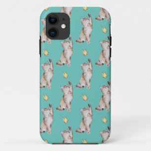 Kat reikt naar gele vlinder op licht teal iPhone 11 hoesje