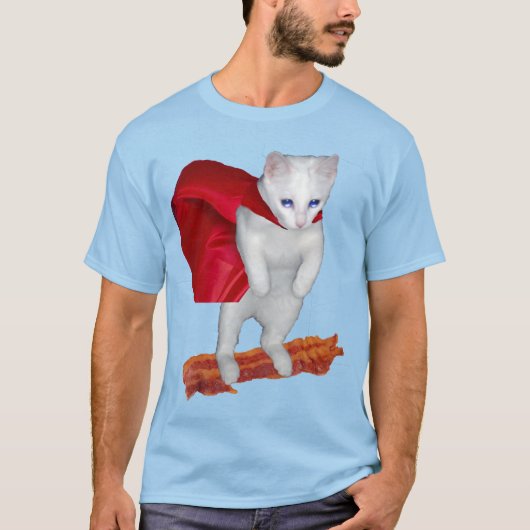 Kat Riding Bacon met superheld Kaap T-shirt (Voorkant)