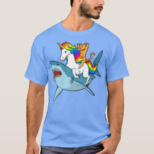 Kat Riding Unicorn Riding Shark Design T-shirt