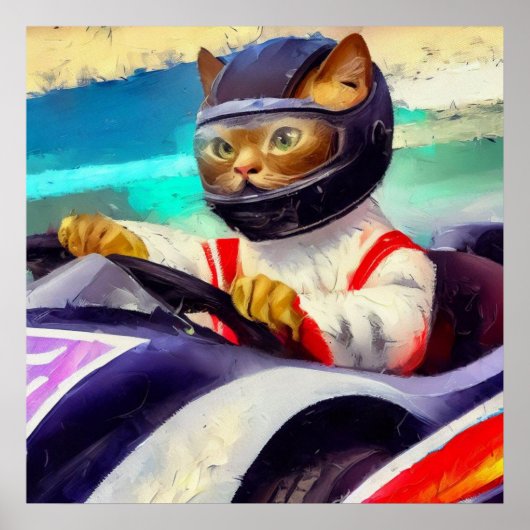 Kat rijden in een raceauto poster (Voorkant)