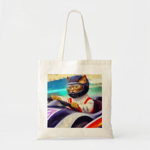 Kat rijden in een raceauto tote bag