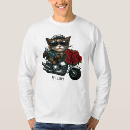 Kat rijden motorfiets rode rozen bloemen mijn lief t-shirt