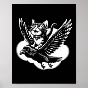 Kat Rijden Op Een Kraai _ Kat Op Vliegende Raaf Gr Poster