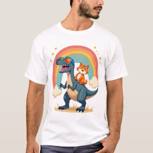 Kat rijdt op dinosaurus T-Rex kitten regenboog Din T-shirt