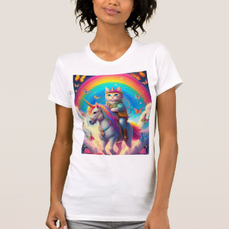 Kat rijdt op eenhoorn met regenbogen en vlinders t-shirt
