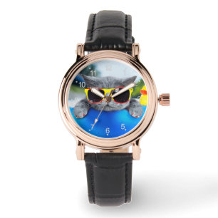 Kat rust in de pool op de luchtmatras horloge