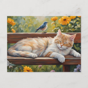 Kat rustend op de bank in zomertuin briefkaart