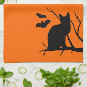 Kat Silhouet Sinaasappel Halloween Keukenhanddoek (Gevouwen)