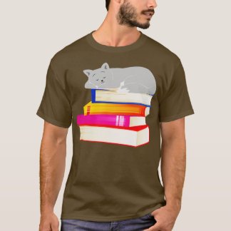 Kat slapen op Boeken Reading Cat Lover T-shirt