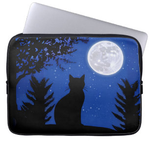 Kat staren naar de volle maan laptop sleeve