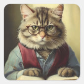 Kat sticker, boek liefhebber sticker, vierkante sticker (Voorkant)
