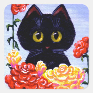 Kat Stickers Schattige Zwart Rozen Bloemen Creatio