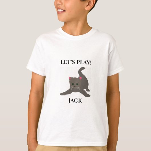 Kat T-SHIRT, gepersonaliseerde naam, "LET'S play". T-shirt (Voorkant)