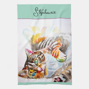 Kat Tabby Pastel Katten Vrouwen Mint Groene Aqua H Theedoek