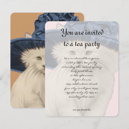 Kat Tea Party Invitation Blue Pet Kaart (Voorkant / Achterkant)