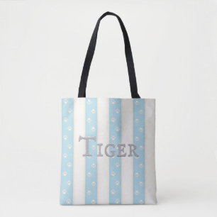 Kat Tekenafdrukken op Bleek blauw en witte strepen Draagtas