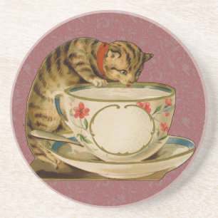 Kat Theekop Schattig Vintage Victoriaans Zandsteen Onderzetter