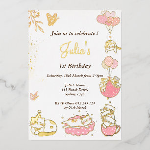 Kat thema baby meisje 1e verjaardag folie uitnodiging