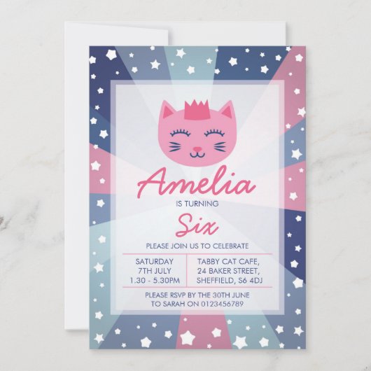 Kat thema verjaardagsfeestje uitnodiging (Voorkant)