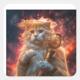 Kat tovenaar met magische staf te midden van vlamm vierkante sticker