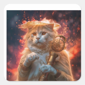 Kat tovenaar met magische staf te midden van vlamm vierkante sticker