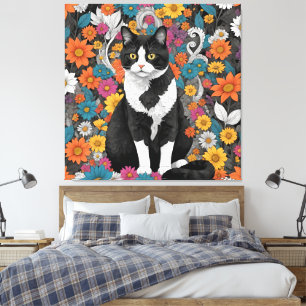Kat tussen de bloemen canvas afdruk