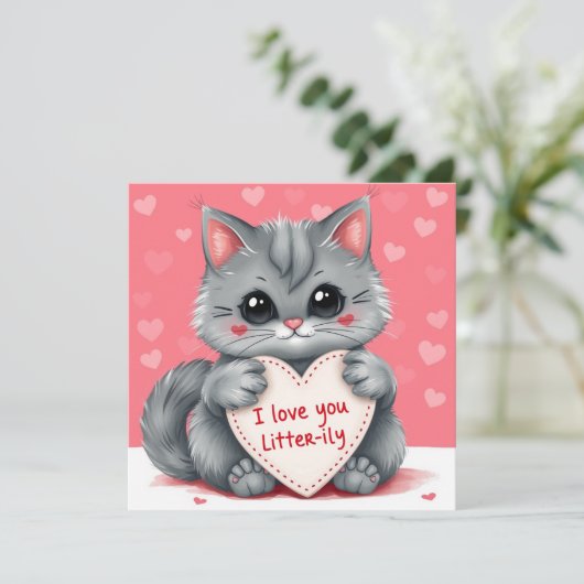 Kat Valentijnsdag Ik Hou Van Jou Hart Mooie Roze Feestdagenkaart (Staand voorkant)