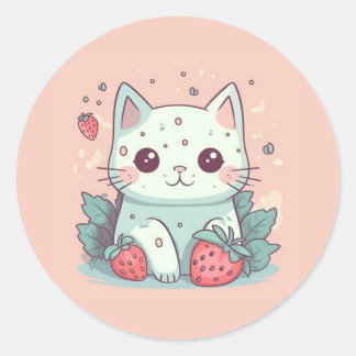 Kat van Cute kawaii met aardbeien Ronde Sticker
