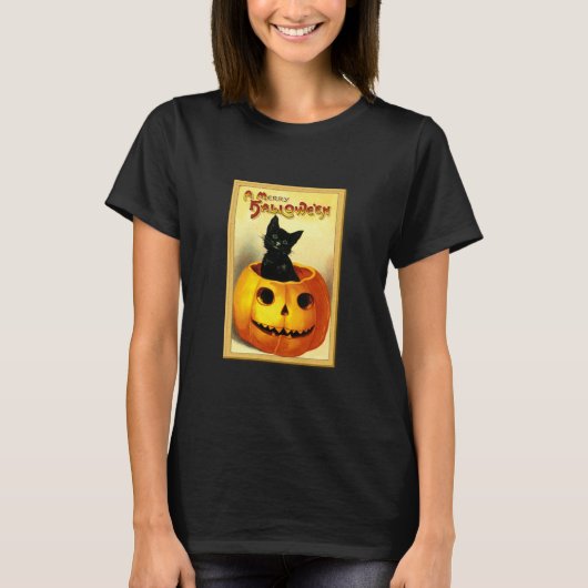 Kat van Halloween, in Jack O Lantern T-shirt (Voorkant)