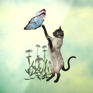 Kat van siamese met blauw vlinderdier raamsticker