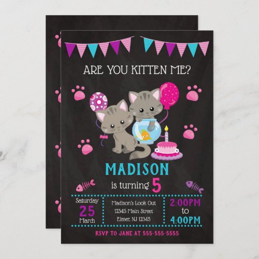 Kat Verjaardag Uitnodiging / Meisje Kitten Party (Voorkant / Achterkant)
