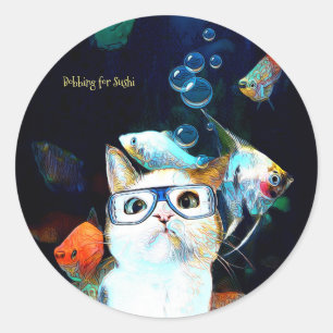 Kat Vis Sushi Humor Funny Fantasy Ronde Sticker