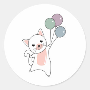 Kat vliegt omhoog met kleurrijke ballonnen ronde sticker
