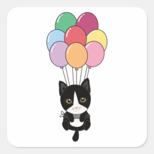 Kat vliegt omhoog met kleurrijke ballonnen vierkante sticker