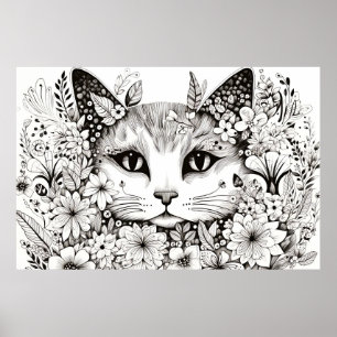 Kat Vreedzame Natuur Prairie Schets Tekenstijl Poster