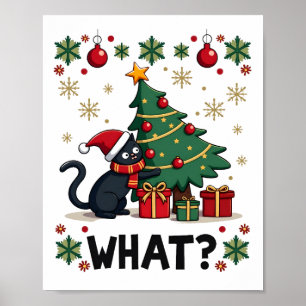 Kat Wat Een Grappige Zwarte Kat Die Kerstboom Duwt Poster