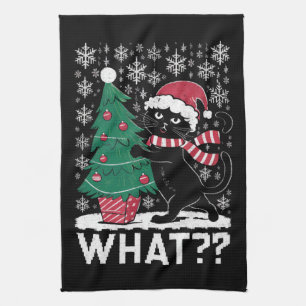 Kat Wat Een Grappige Zwarte Kat Die Kerstboom Duwt Theedoek