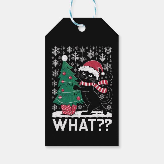 Kat Wat Grappig Zwart Kat Pushing Kerstboom Cadeaulabel (Achterkant)