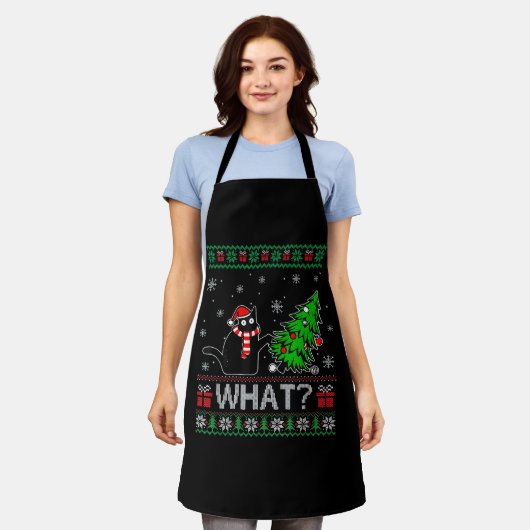 Kat Wat Grappig Zwart Kat Pushing Kerstboom Schort (Gedragen)