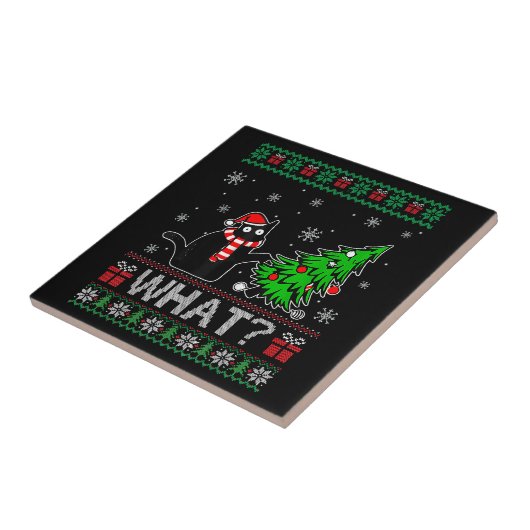 Kat Wat Grappig Zwart Kat Pushing Kerstboom Tegeltje (Zijkant)