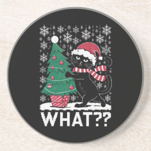 Kat Wat Grappig Zwart Kat Pushing Kerstboom Zandsteen Onderzetter