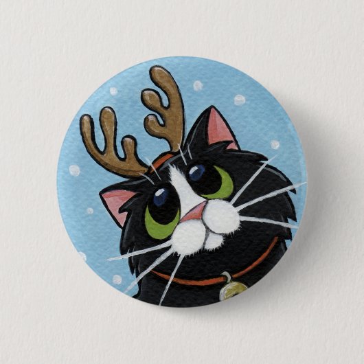 Kat Wearing Reindeer Antlers - Button met kerstkat (Voorkant)