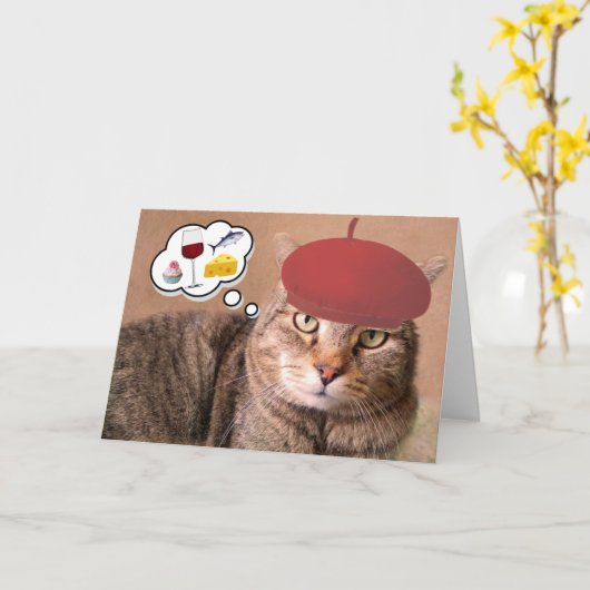 Kat, wijn en kazen kaart (Gele Bloem)