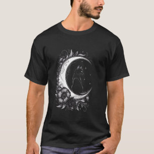 Kat zit op halvemaan bloemen sterren tekening t-shirt