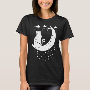 Kat zit op maan met sterren t-shirt