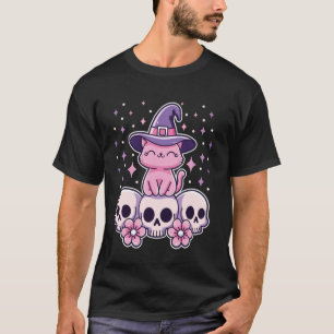 Kat zit op schedels Schattig griezelig pastel Goth T-shirt