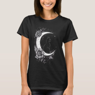 Kat Zittend op Halve Maan Bloemen Sterren Tekening T-shirt