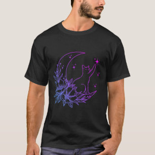 Kat Zittend Op Halve Maan Bloemen Sterren Vrouwen T-shirt