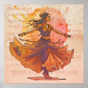 Kathak Spin Inkt Waterverf Indiase Erfgoed Kunst Poster