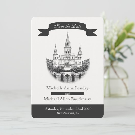 Kathedraal Bewaar de Datum Zwart en Wit Save The Date (Staand voorkant)